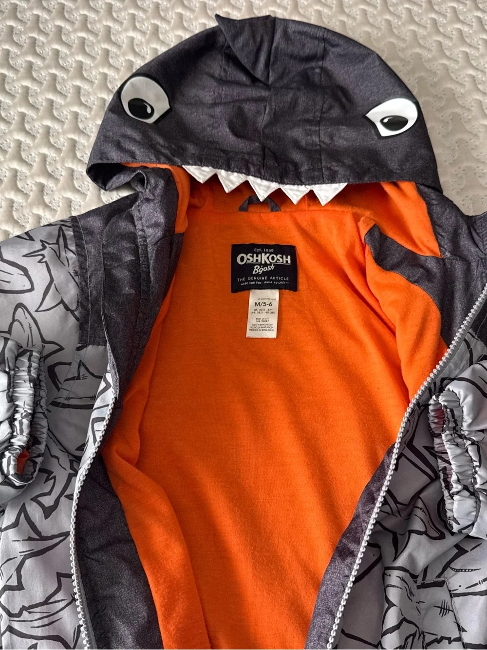 OshKosh B'gosh Gray Shark Hooded Jacket with Orange Lining